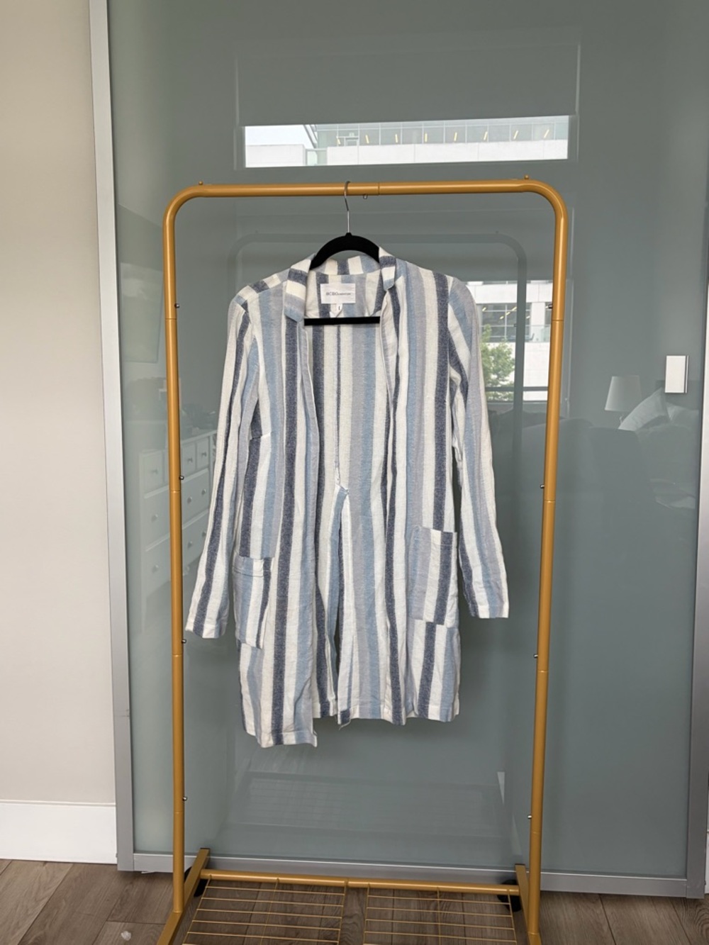BCBGeneration Blue and White Striped Lightweight Trench Coat